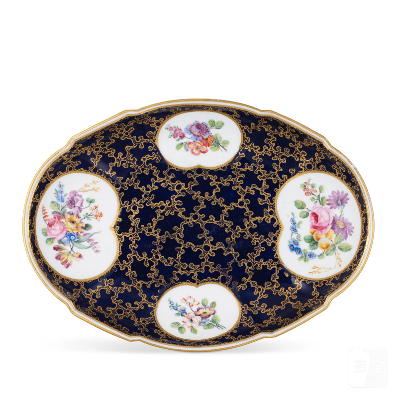 A Sèvres bleu-lapis ground oval dish (compotier ovale) probably from the service given to the duc de Nivernois, dated 1762